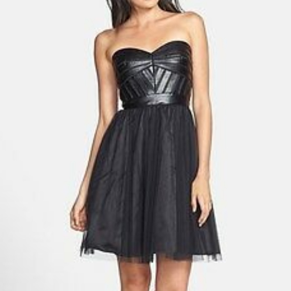 AIDAN MATTOX Faux Leather Trim Fit & Flare TULLE DRESS SIZE 6